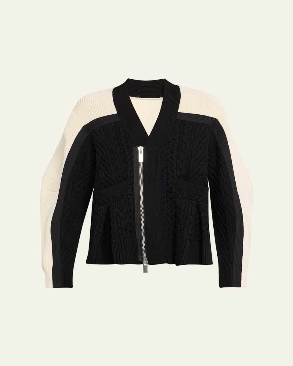 Colorblock Zip-Front Cable Wool Cardigan